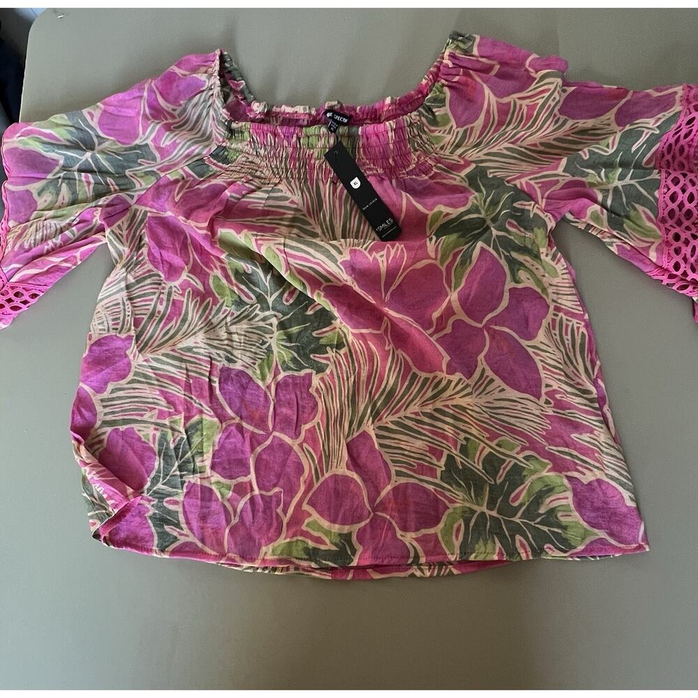 Unique Spectrum Off The Shoulder 3/4 Length Flare Sleeve Pink Flowers Women XL